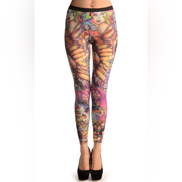 Pants - New,  A Girl with Flowers Tattoo - Leggings Multicoloured One Size